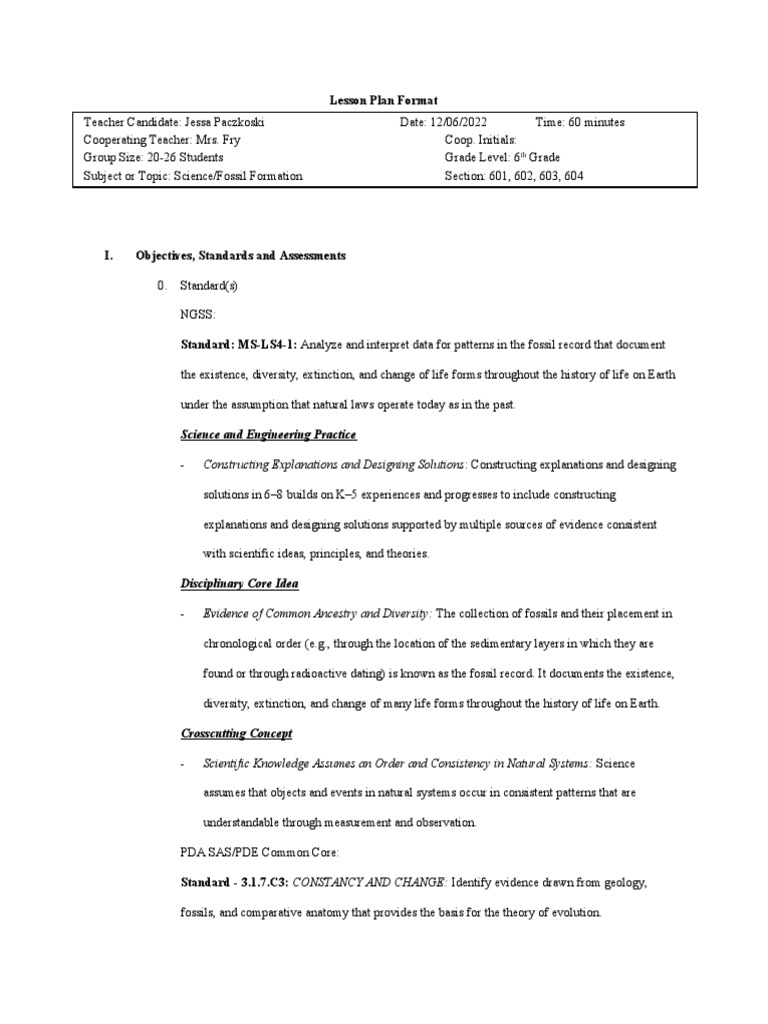 Science Lesson Plan Fossil Formation PDF Fossil Educational Assessment