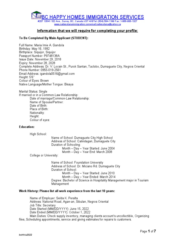 BC Happy Homes Immigration Services Information That We Will Require