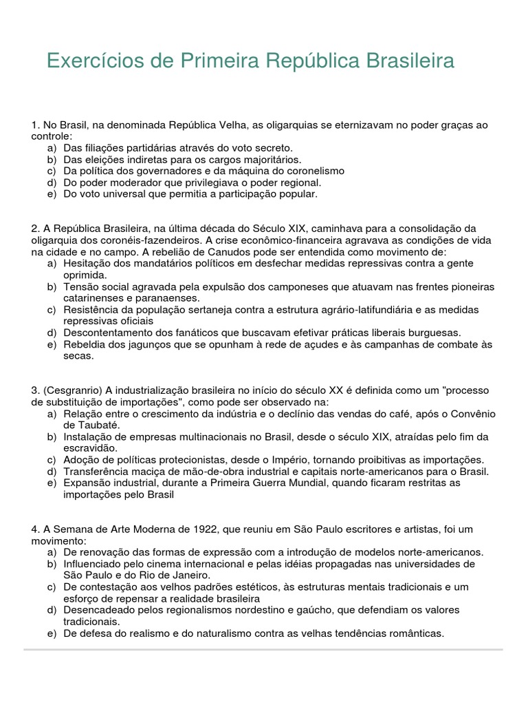 Exercícios de Primeira República Brasileira: Material de Apoio Do ...