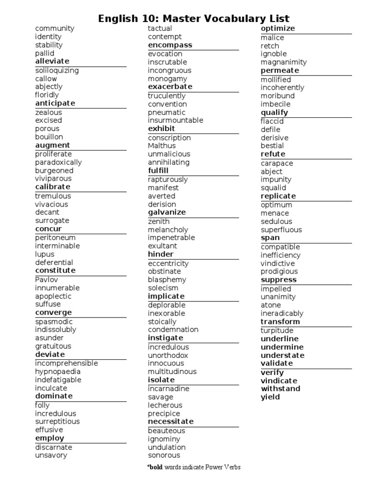 English 10 Master Vocabulary List | PDF | Foreign Language Studies