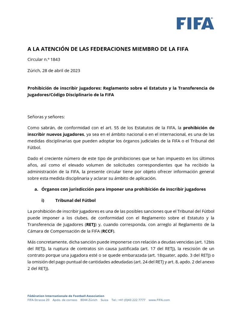 Circular 1843 - Registration Bans - RSTP and FIFA Disciplinary Code ...