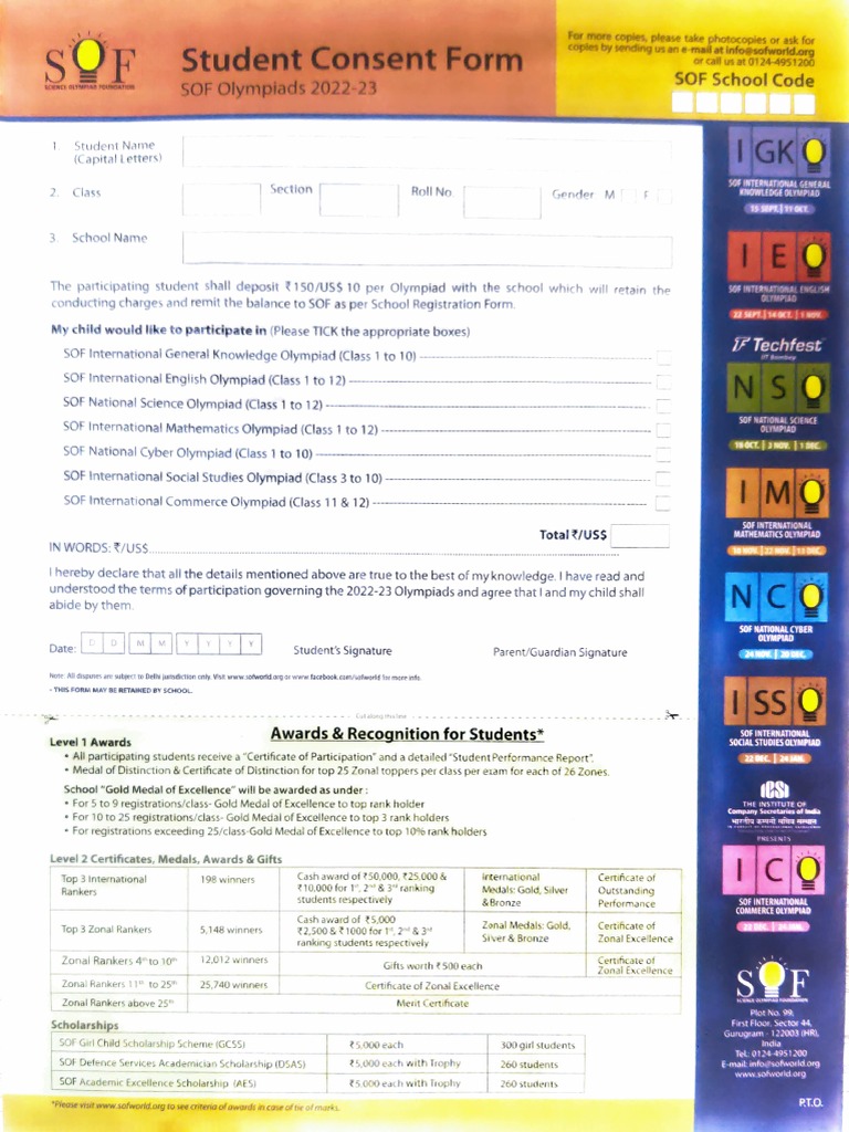 Student Consent Form Knowledge Olympiad Techfest PDF