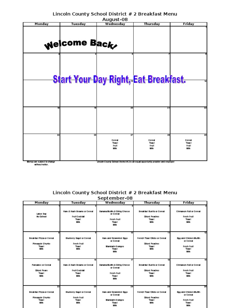 Lincoln County School District Breakfast Menu | PDF | Toast | Western ...