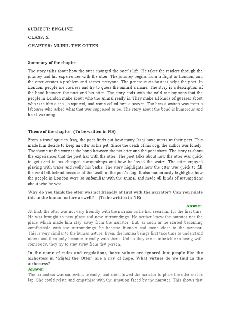 Subject: English Class: X Chapter: Mijbil The Otter: Answer | PDF