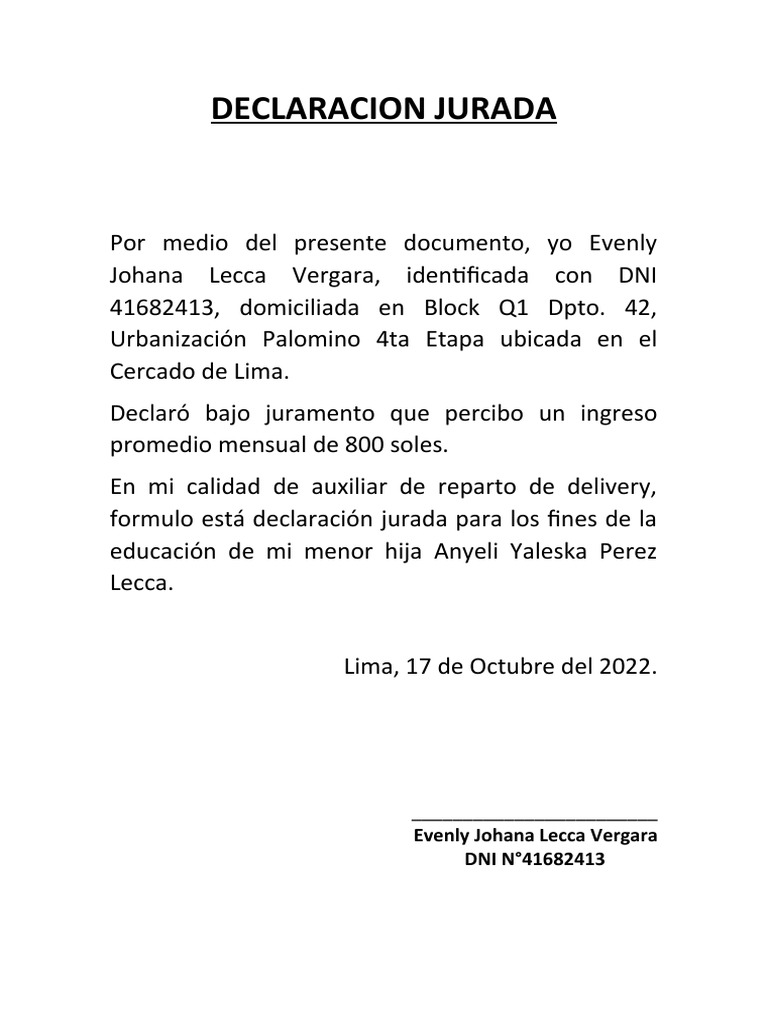 Declaración Jurada de Ingresos Mensuales | PDF