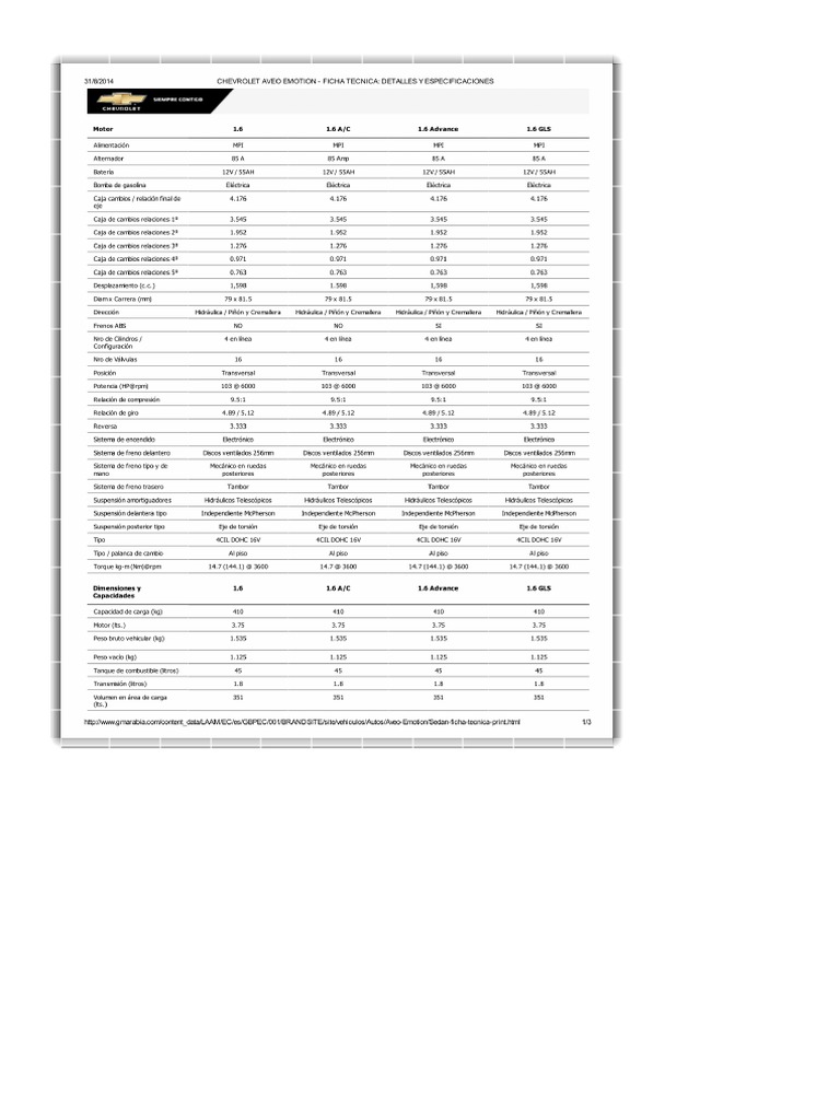 Chevrolet Aveo Emotion Ficha Tecnica PDF