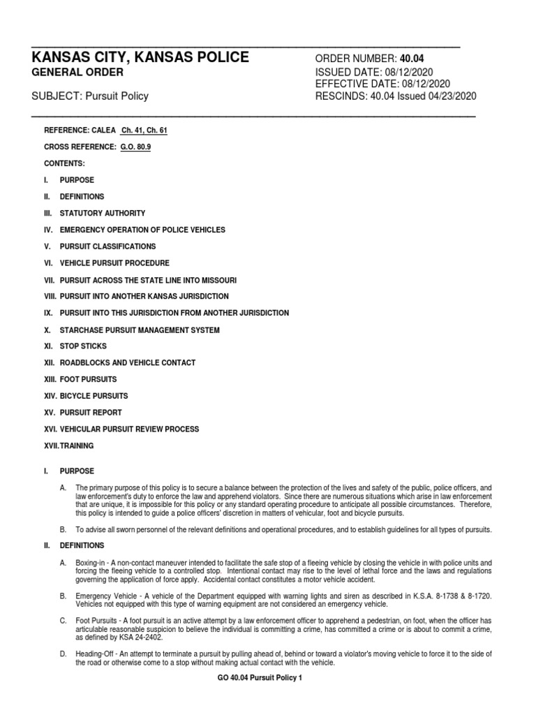Kansas City, Kansas, Police Department Pursuit Policy PDF Assault