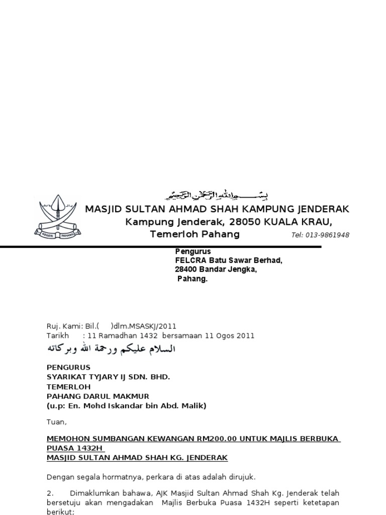 Memohon Sumbangan Majlis Jamuan Hari Raya Gabungan Kg Jenderak Pdf