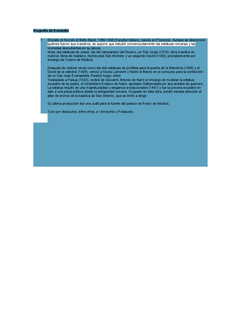 Biografía De Donatello El Escultor Renacentista Italiano Pionero En El