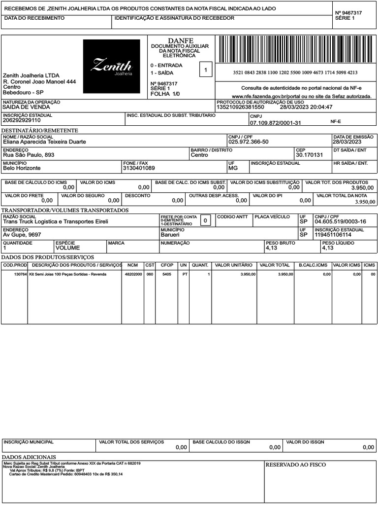 Nota Fiscal De Venda De Kit De Semi joias De Revenda Pela Zenith 