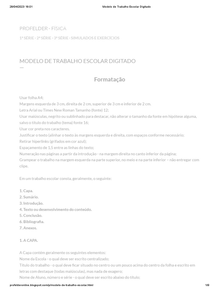 Modelo De Trabalho Escolar Digitado Pdf Caixa Alta E Caixa Baixa