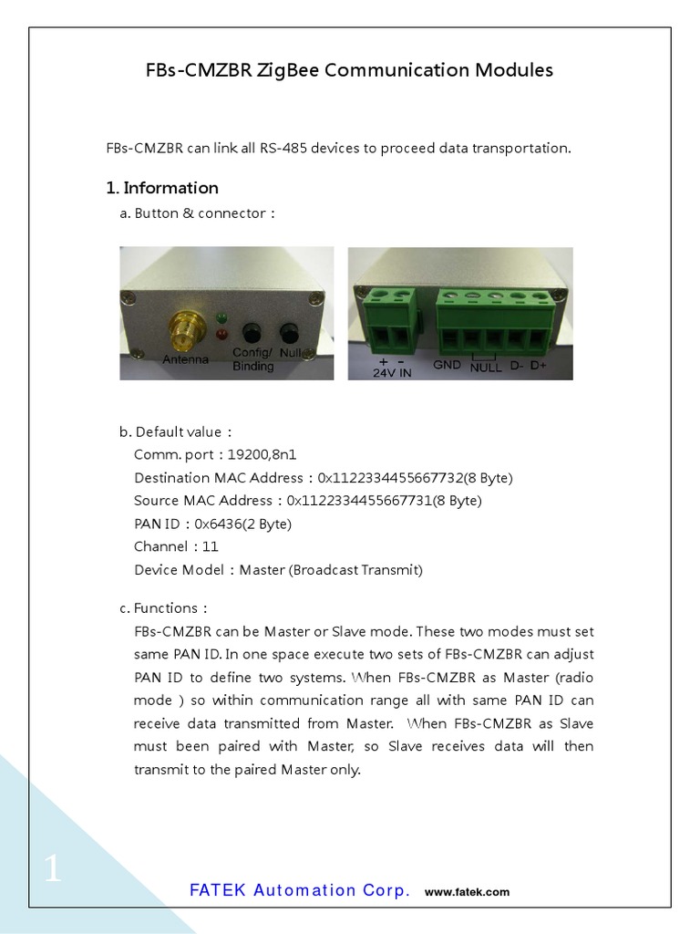 FBs-CMZBR ZigBee Module Guide | PDF | Information And Communications ...