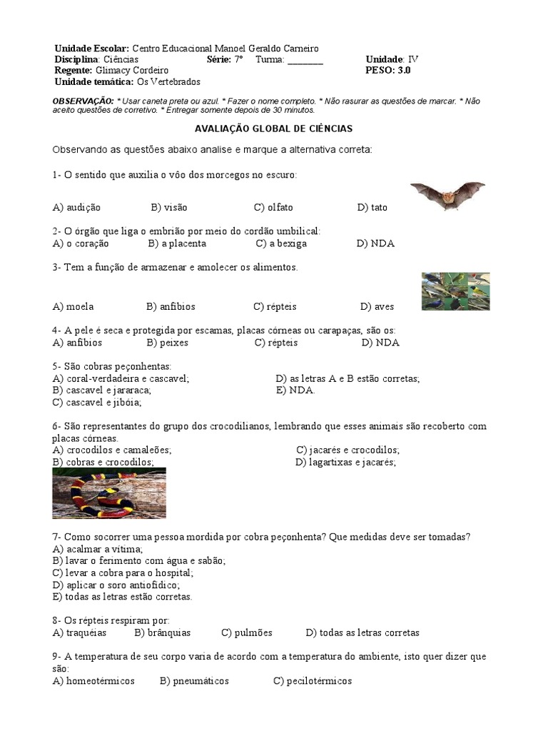 Avaliação sobre os Vertebrados com questões objetivas sobre suas ...