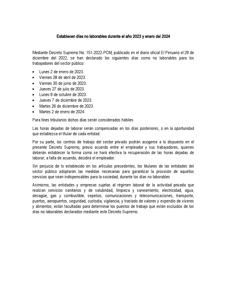 Establecen Días No Laborables Durante El Año 2023 y Enero Del 2025 PDF