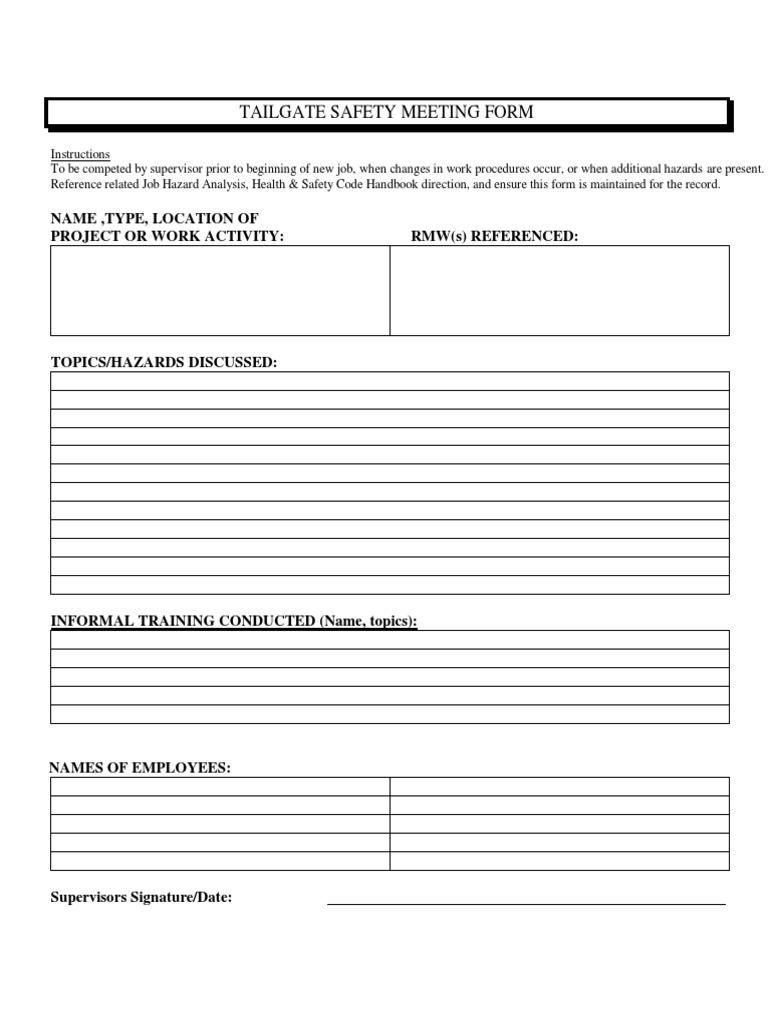 tailgate safety meeting form: name, type, location of project or