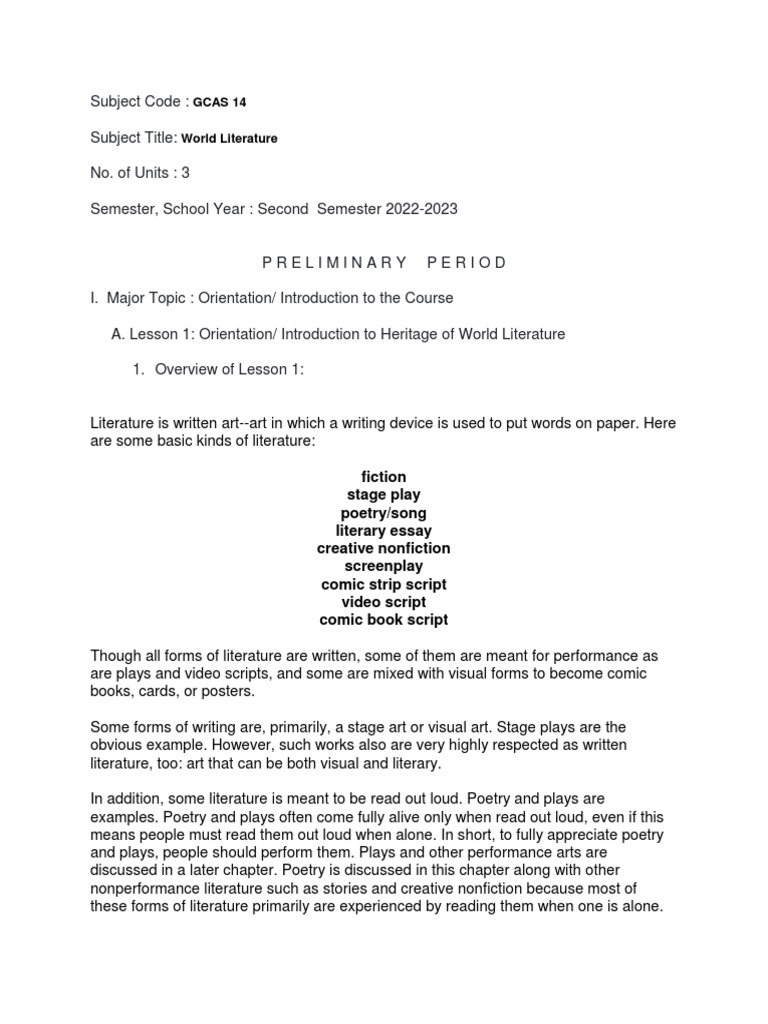 World Literature Syllabus PDF Poetry Narrative