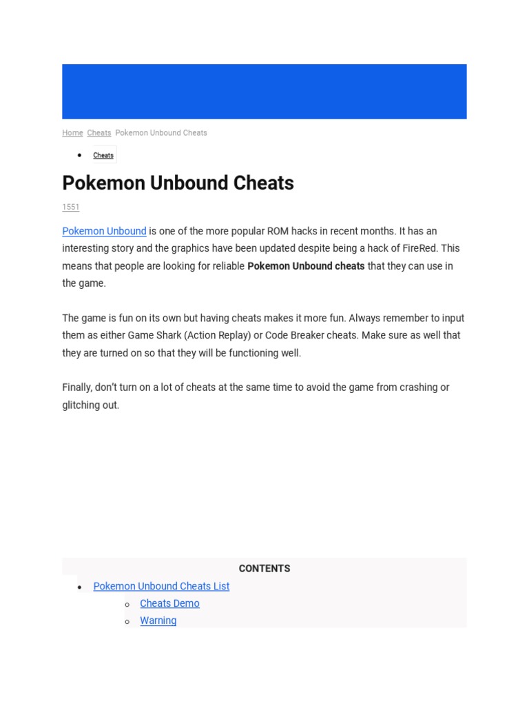 Pokémon Unbound Cheats (2.0), PDF
