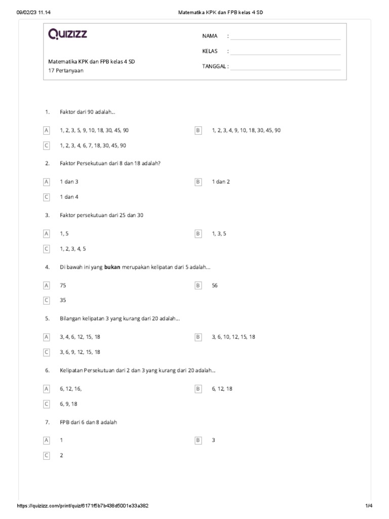 Matematika KPK Dan FPB Kelas 4 SD | PDF