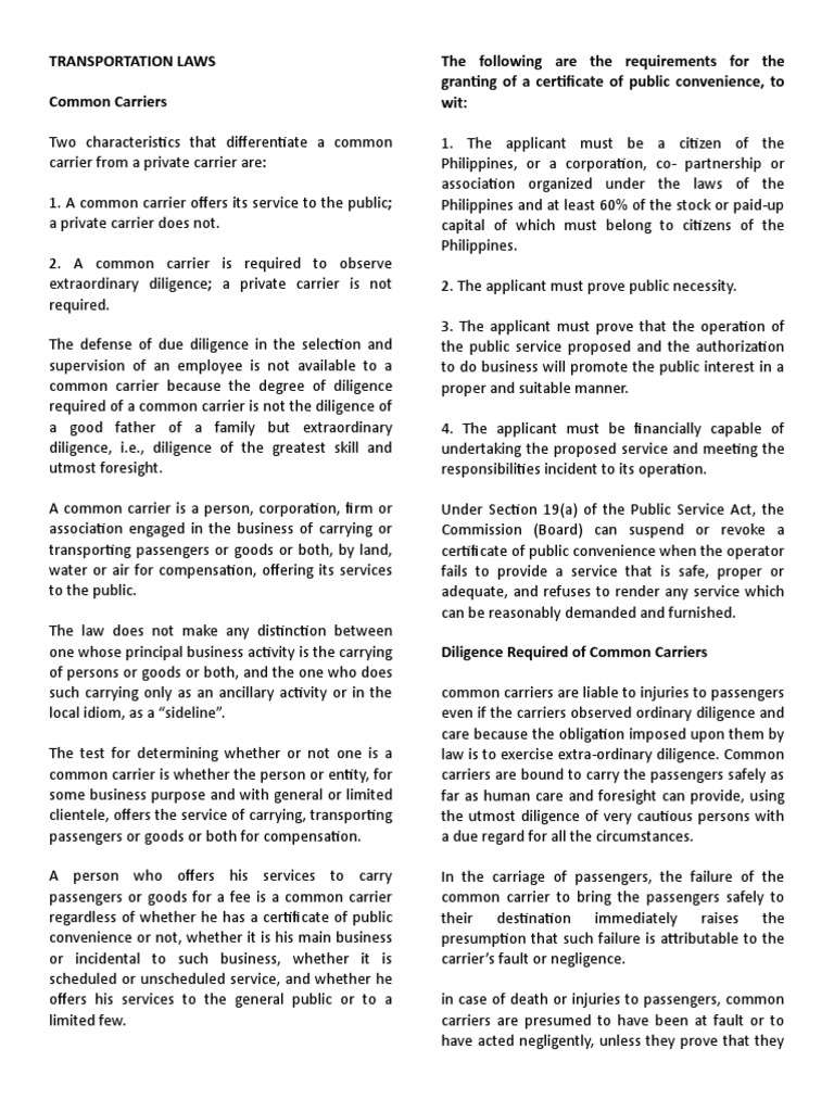 Transportation Laws PDF Legal Liability Common Carrier