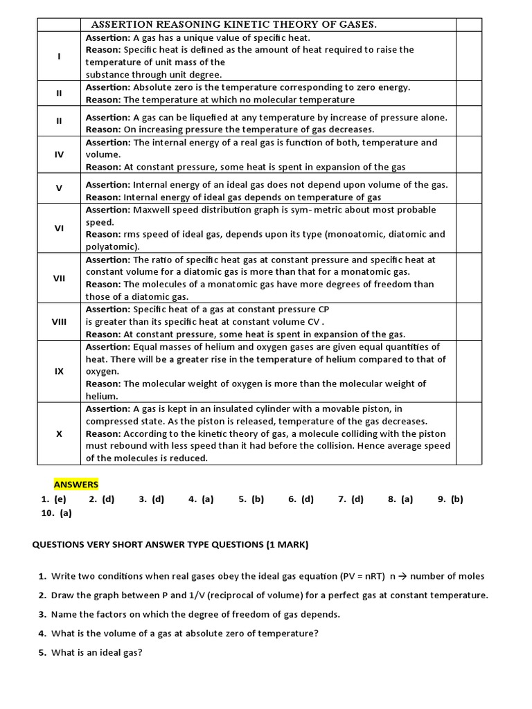 Kinetic Molecular Theory Of Gases Worksheet Answers