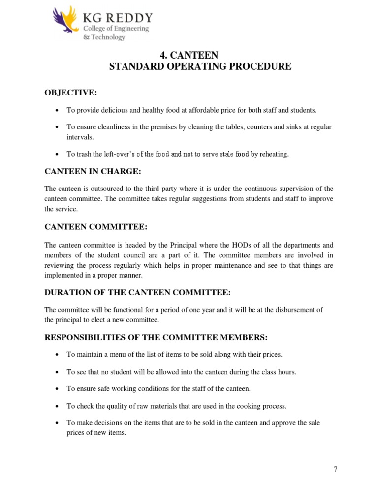 Canteen Standard Operating Procedure Objective PDF