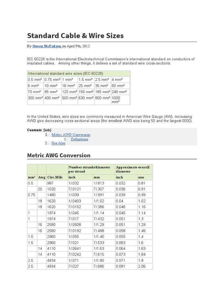 Standard Cable Sizes PDF Electricity Electrical Engineering