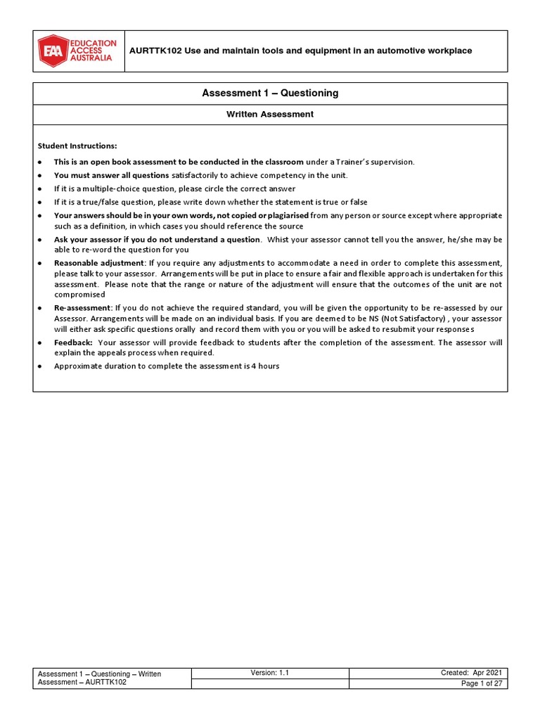 Assessment 1 Questioning AURTTK102 Use and Maintain Tools and
