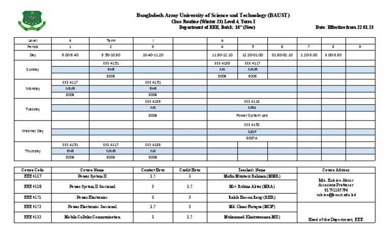 BAUST EEE Level 4 Class Routine Winter 23 | PDF