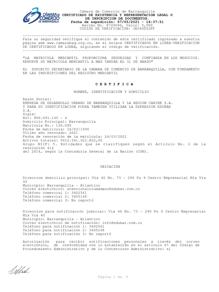 Certificado CAMARA DE COMERCIO | PDF | Junta Directiva | Compartir ...