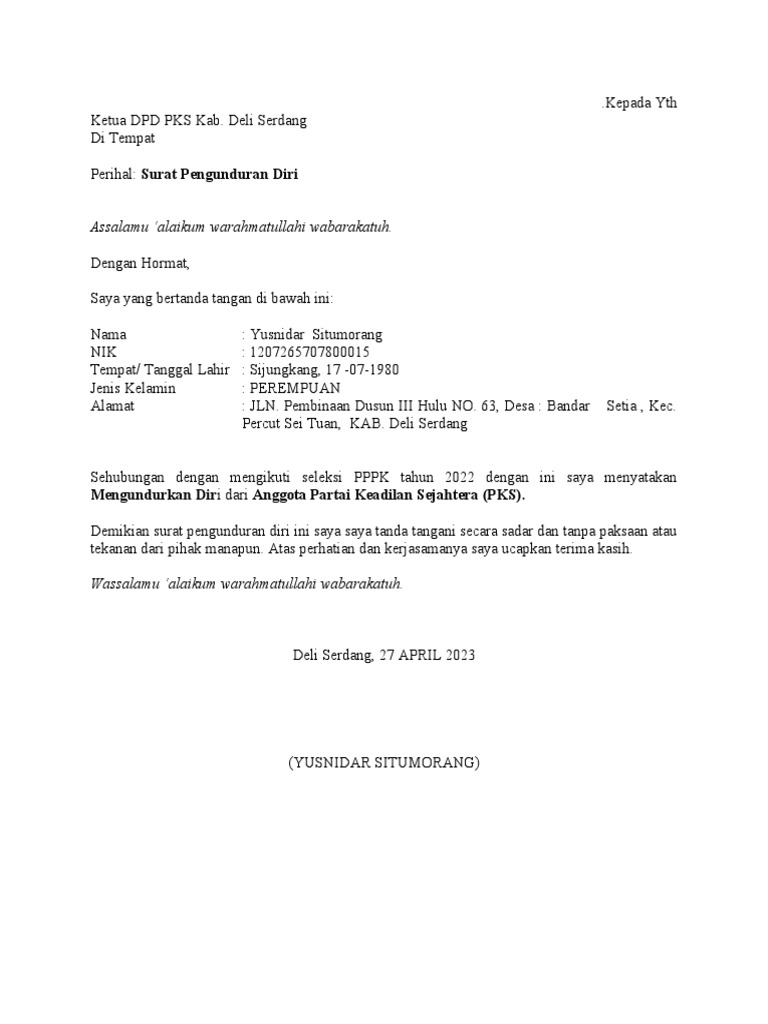 Format Surat Pengunduran Diri Pks | PDF