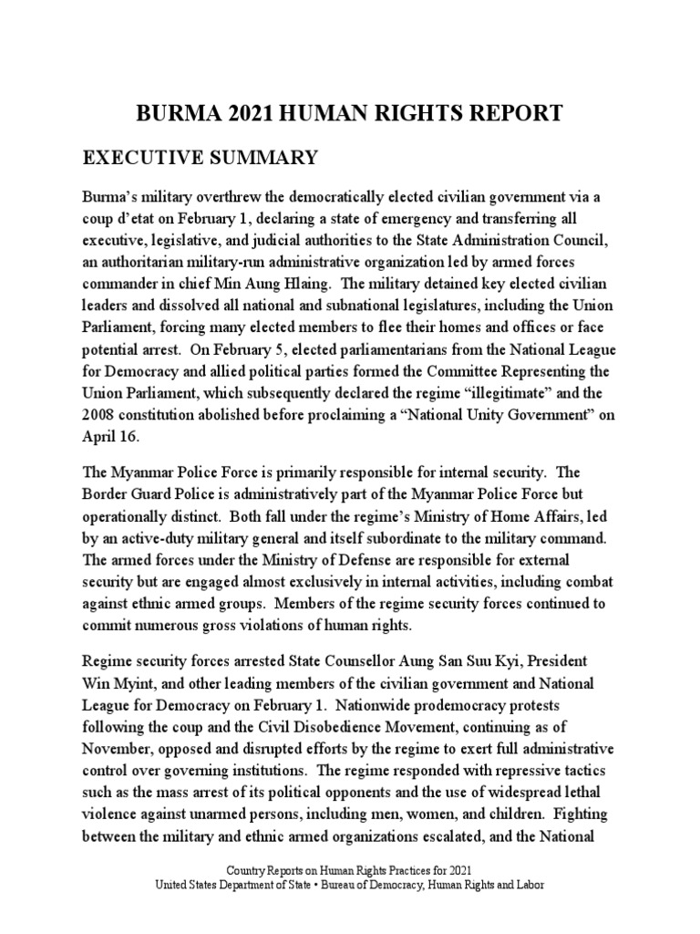 2021 Burma Human Rights Report Summary | PDF | Remand (Detention) | Prison