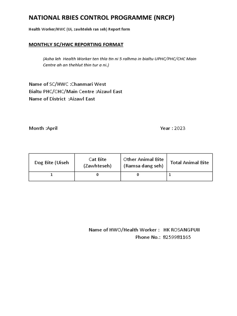 National rbies control programme nrcp monthly sc hwc reporting