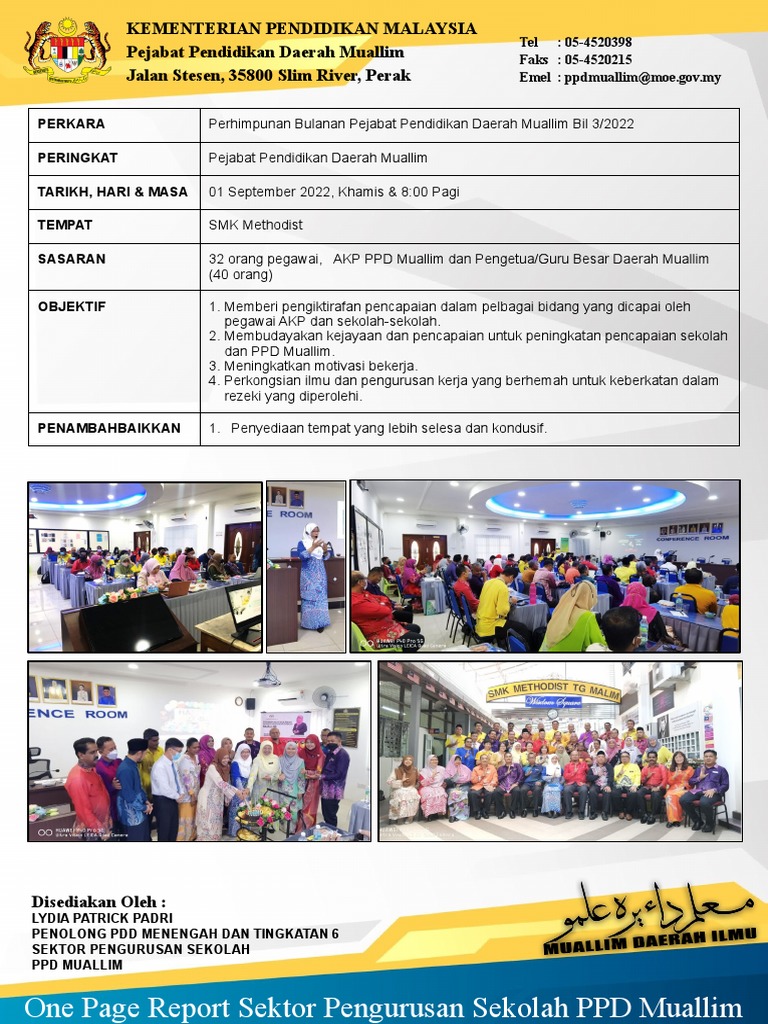 One Page Report Sektor Pengurusan Sekolah PPD Muallim | PDF