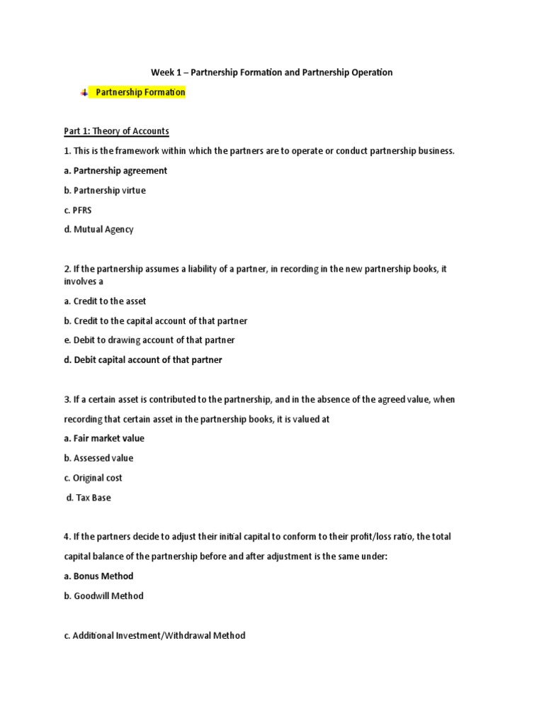 Week 1 Partnership Formation and Partnership Operation PDF Debits Week 1 Partnership Formation and Partnership Operation PDF Debits