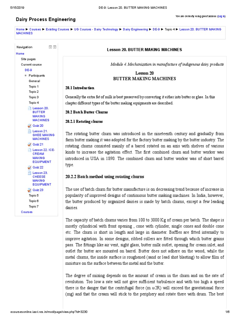 DE9 Lesson 20. BUTTER MAKING MACHINES PDF Butter Pump
