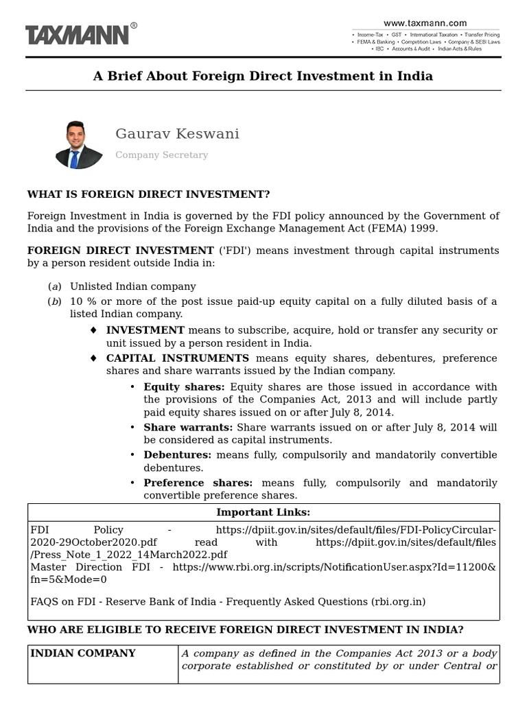 A Brief About Foreign Direct Investment in India A Brief About Foreign