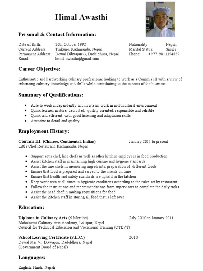 Himal Awasthi Commis Chef Cv 1 Page | Pdf