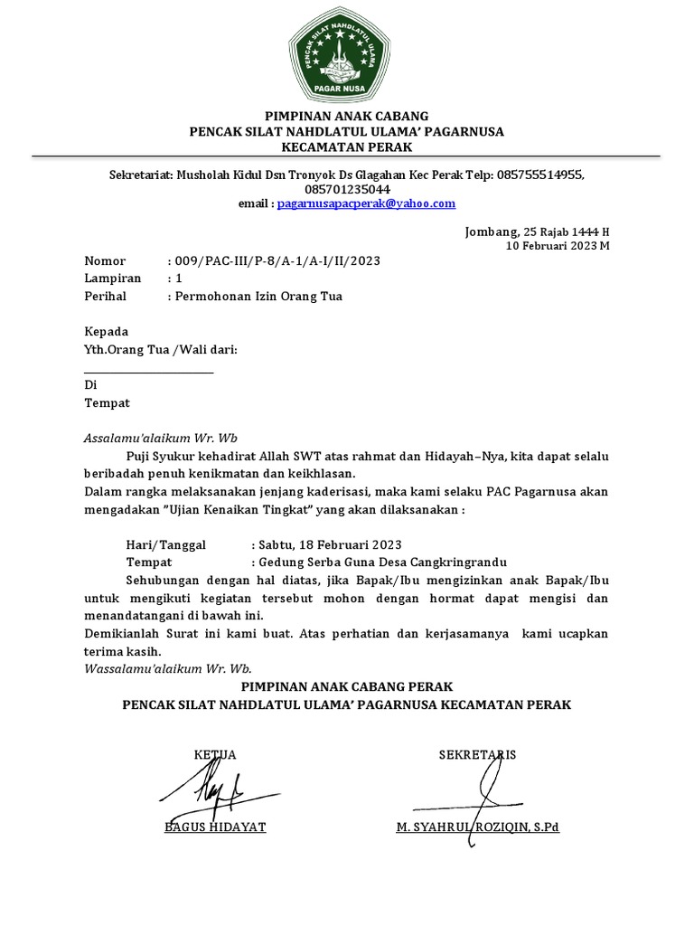 Surat Izin Orang Tua | PDF