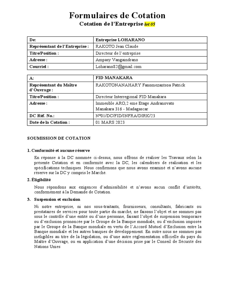 Formulaires de Cotation | PDF | Finance et gestion monétaire