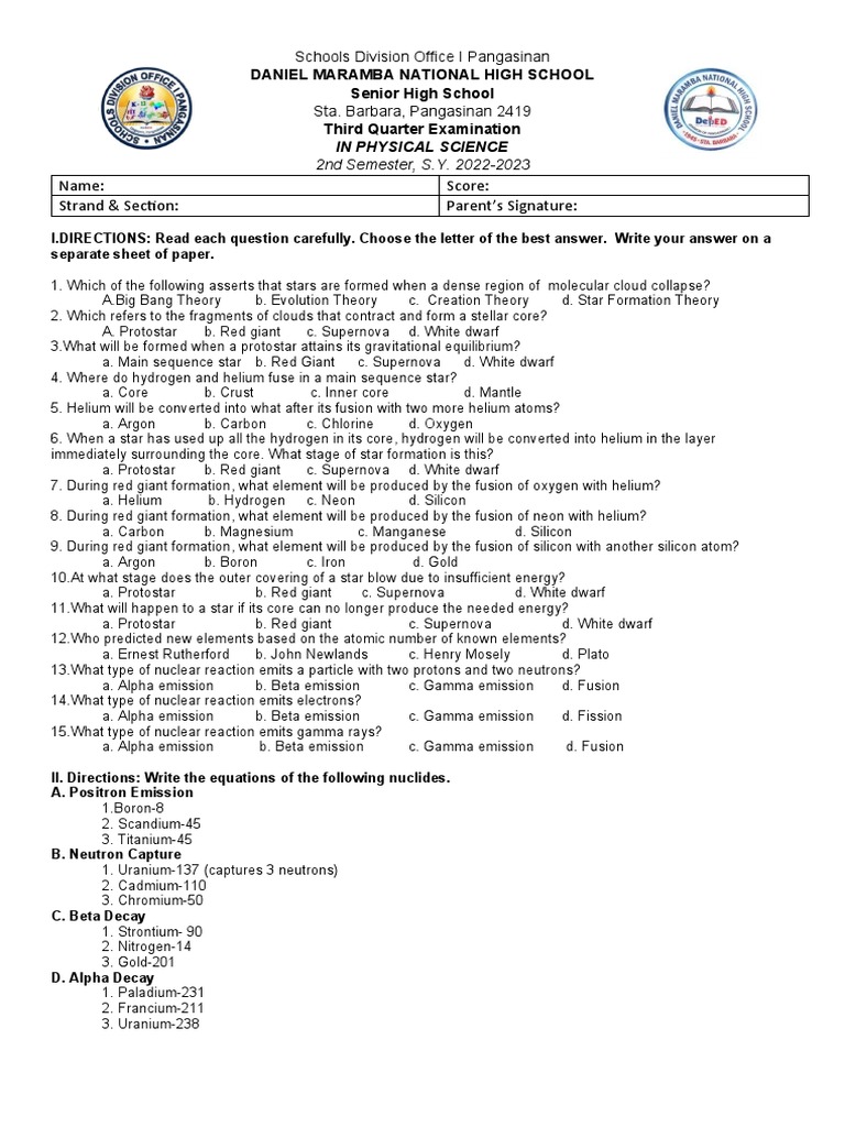 Physical Science 3rd Quarter Exam Pdf Nuclear Physics Neutron