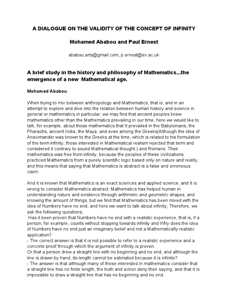 Examining the concept of infinity through dialogue on its validity and