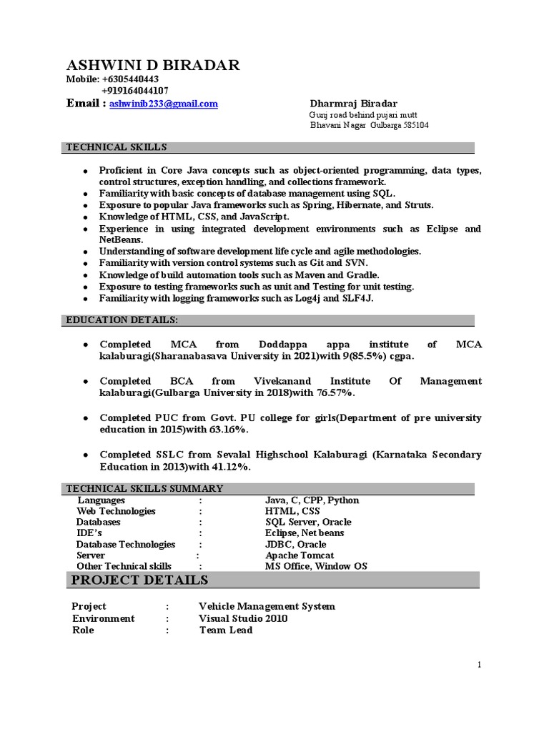 Java Developer Resume of Ashwini Biradar | PDF