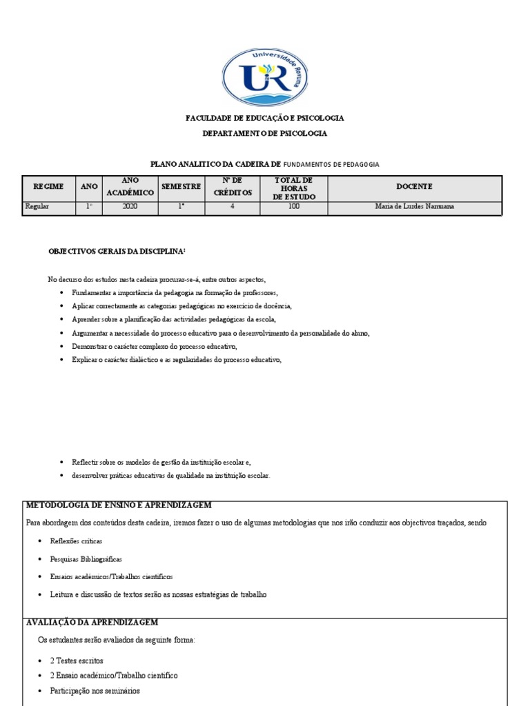 Plano de Fundamentos de Pedagogia | PDF | Pedagogia | Aprendizado