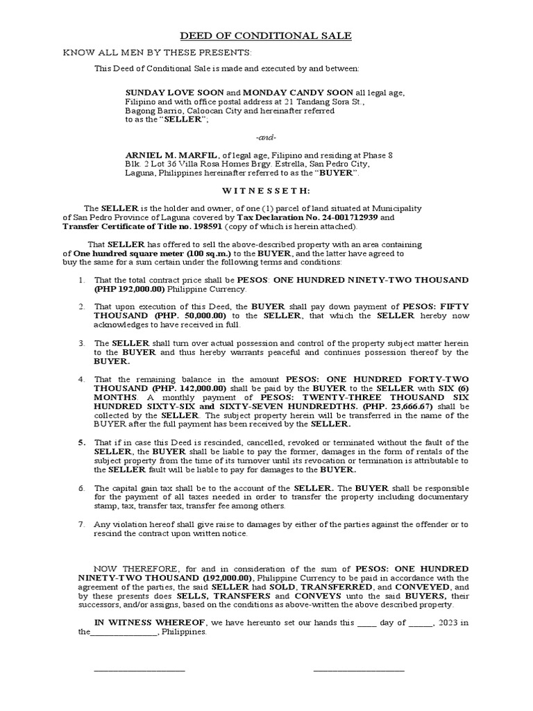 Deed of Conditional Sale | PDF | Taxes | Common Law