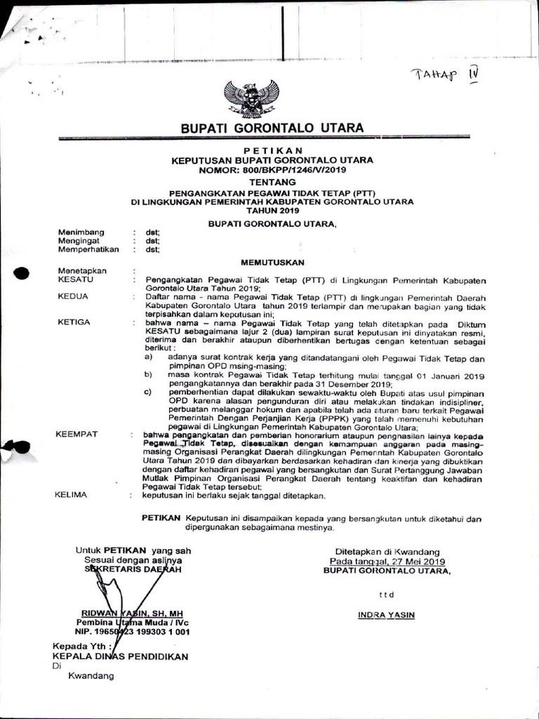 Pengangkatan PTT Pemkab Gorontalo Utara 2019 | PDF