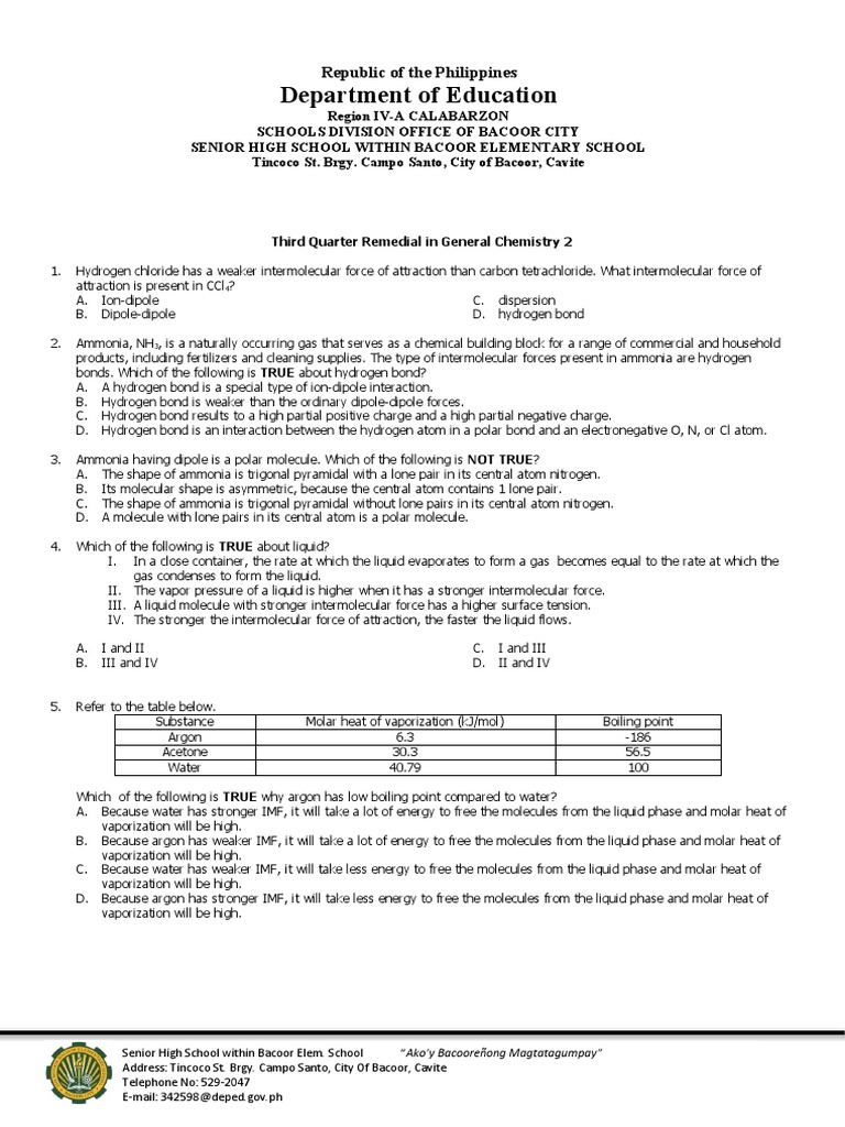 Senior High School Chemistry Remedial Exam | PDF | Intermolecular Force ...