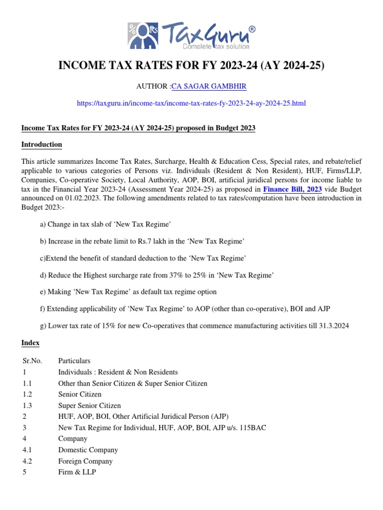 Tax Rates For FY 202324 (AY 202425) PDF Alternative