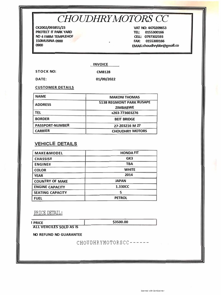 Invoice for the sale of a used 2014 Honda Fit from Choudhry Motors CC