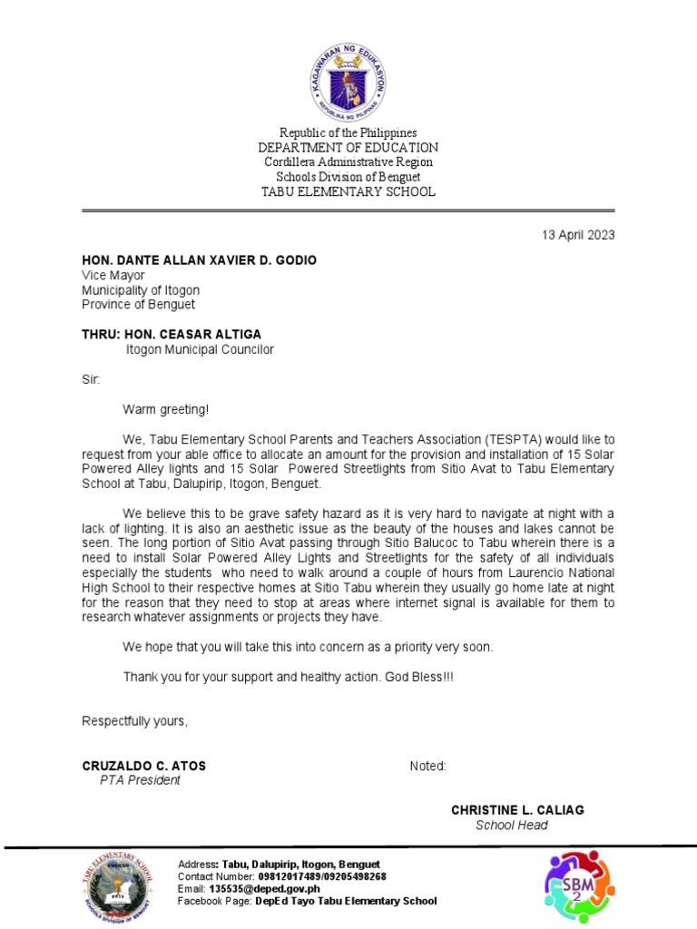 Request for Solar Lights at Tabu School | PDF | Wellness