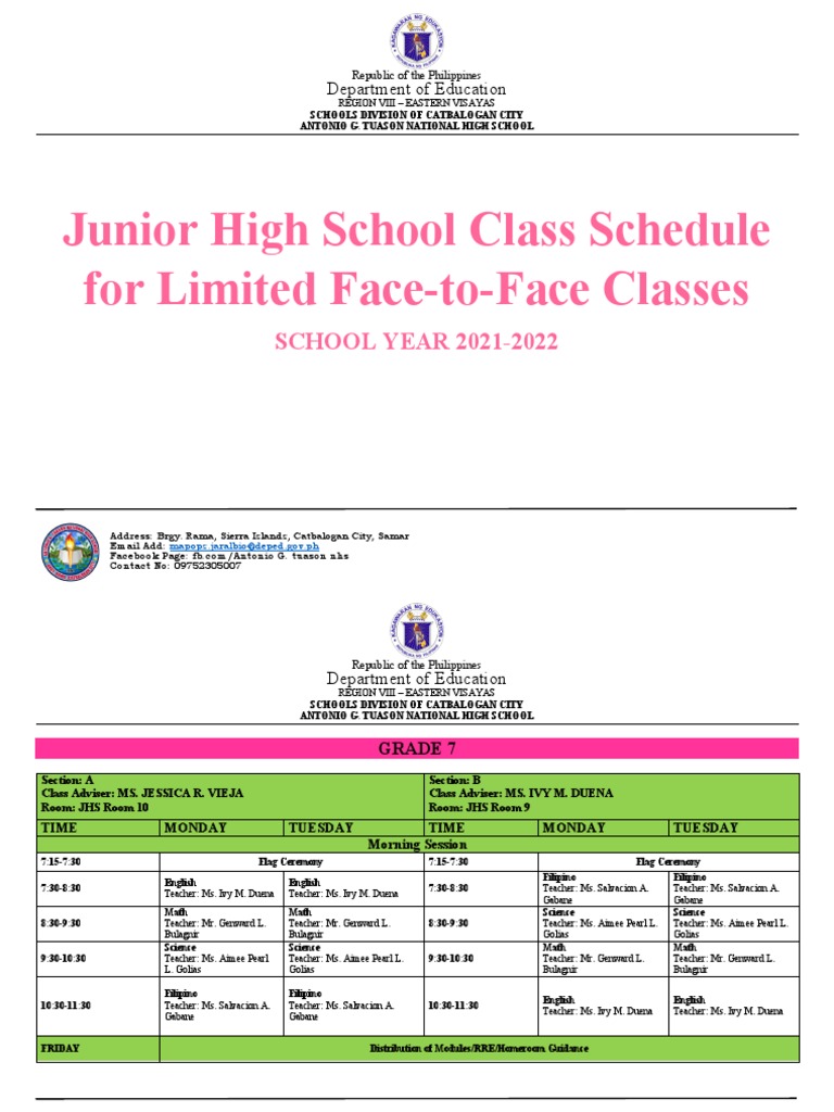 JHS Class Schedule - V2 | PDF | Philippines | Schools
